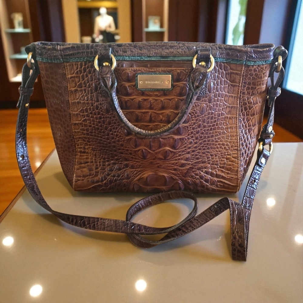 Brahmin Mini Arno In Pecan and Teal Crocodile Embossed Handbag‎